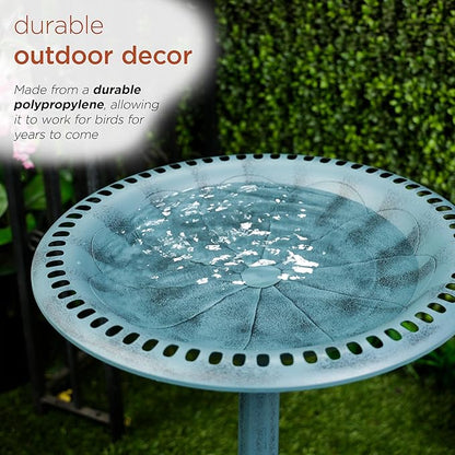 Alpine Corporation TEC116BL Pedestal Birdbath with Scrollwork Base and Ground Stakes, Décor for Lawn & Garden, 28" H, Blue