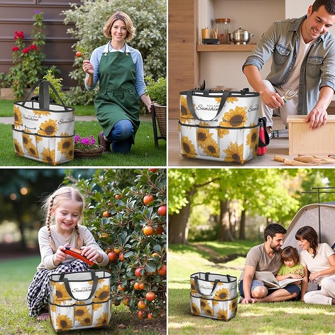 Sunflower Garden Tool Bag - Waterproof Garden Tote with 8 Pockets, Large Storage Home Organizer Gardening Tool Oxford Bag for Garden Tools Kits Holder, Ideal Outdoor Gardening Gift for Women & Men