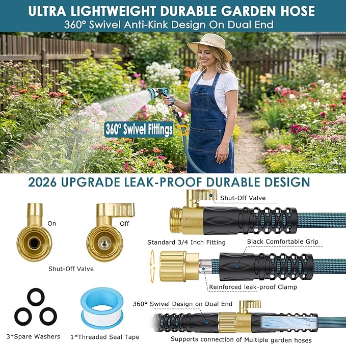 FlexiSolve Garden Hose 150 ft, Non-Expandable Lightweight Water Hose, 360° Swivel Anti-Kink Fittings, 10-Pattern Spray Nozzle & Shut-Off Valve, Flexible Water Hose for Yard, Lawn, Car Wash, Blue