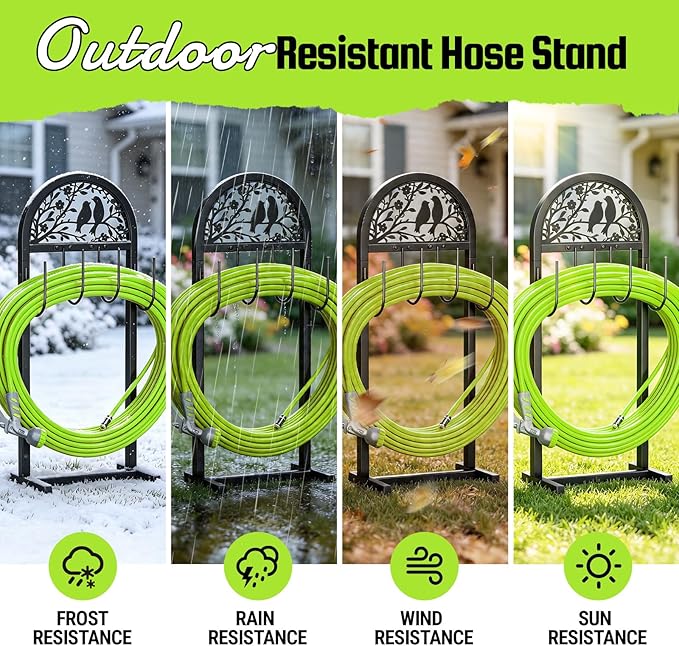 2 Pack Garden Hose Holder, Water Hose Stand with 4 Stake, Heavy Duty Metal Hose Hanger Holds 150Ft, Freestanding Hose Storage Rack for Outside,Yard & Lawn Garden
