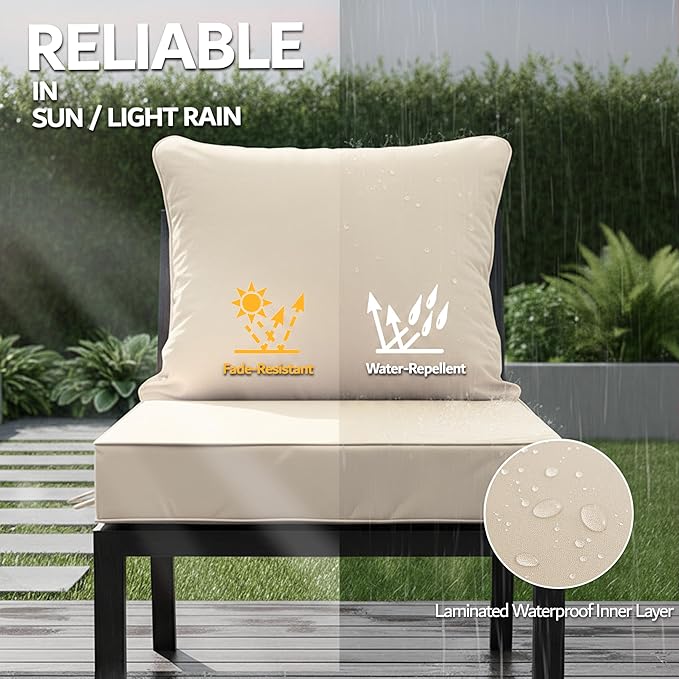 19x19 Inch Patio Chair Cushion with Removable Cover, Outdoor Furniture Cushion - Water-Repellent, Fade-Resistant, Non-Slip Bottom & Straps, Replacement for Lawn, Porch & Deck Chair - Cream