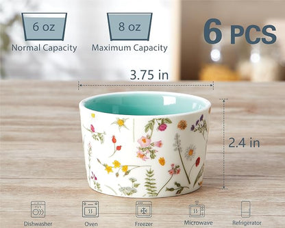 ONEMORE 6 oz Ramekins Oven Safe, Floral Ceramic Ramekin Set of 6 Mint Green Ramekins for Baking & Serving, Creme Brulee Dishes, Custard Pudding Souffle Cups, Small Dessert Bowls for Oven, Air Fryer