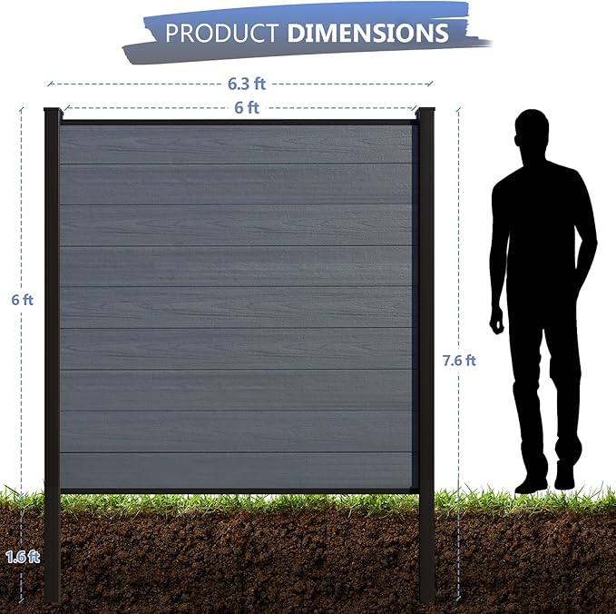 6 Feet×6 Feet Privacy Fence, Outdoor Wood Plastic Composite Fence Panel, Waterproof Security Barriers Fencing (Gray with Two 7.6FT Posts)