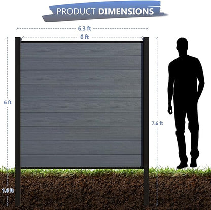 6 Feet×6 Feet Privacy Fence, Outdoor Wood Plastic Composite Fence Panel, Waterproof Security Barriers Fencing (Gray with Two 7.6FT Posts)