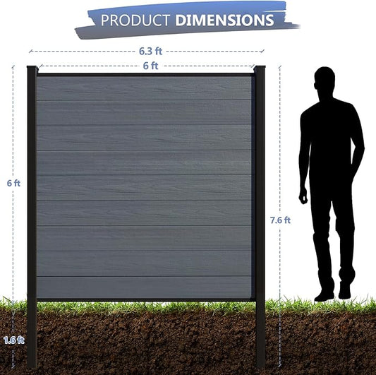 6 Feet×6 Feet Privacy Fence, Outdoor Wood Plastic Composite Fence Panel, Waterproof Security Barriers Fencing (Gray with Two 7.6FT Posts)