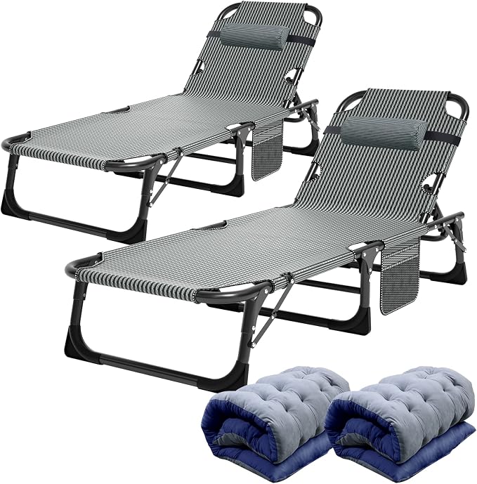 ABORON Tanning Chairs, 2 Pack, 5-Position Padded Folding Loungers | Set of 2 folding chaise lounges with 5-position backs, padded mats and pillows; supports up to 500 lb per chair.