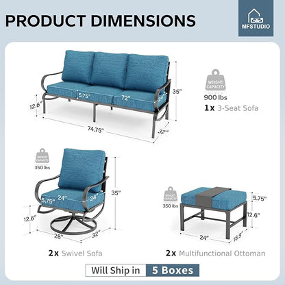 MFSTUDIO 5 Pieces Patio Conversation Sets,Outdoor Metal Furniture Sofas with 1 x 3-Seat Sofa, 2 x Swivel Chairs,2 x Ottoman,Wrought Iron Frame with Peacock Blue Cushion for Patio Courtyard Balcony