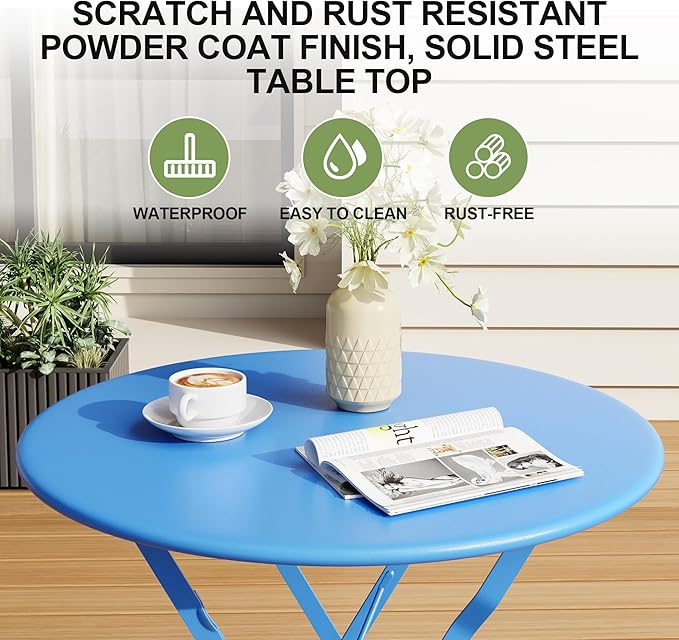 3-Piece Folding Bistro Set, Outdoor Patio Furniture Set with 2 Chairs & 1 Table, Space-Saving Foldable Balcony Garden Set with Heavy-Duty Powder-Coated Steel Frame, No Assembly Required, Blue