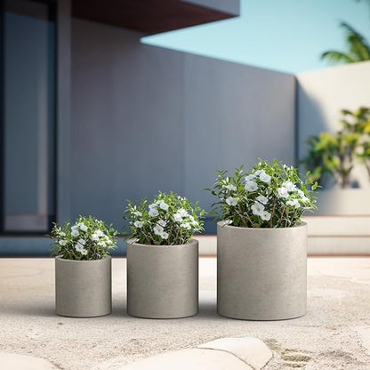 Kante 9.8",12.6",15.7" Dia Round Concrete Planter Set of 3, Modern Style Large Cylindrical Plant Pot with Drainage Hole and Rubber Plug for Indoor Outdoor Patio, Weathered Concrete