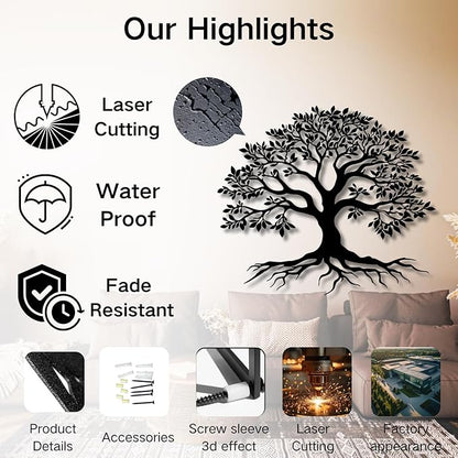 VTHTA Large Tree of Life Metal Wall Art,Tree Wall Sign for Living Room Bedroom Indoor Outdoor Garden Home Decoration (Gold, 19" Wx16 H/47x41cm, Metal Wall Art)