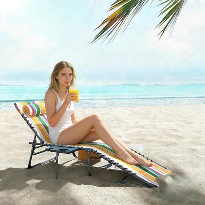 Outsunny Folding Chaise Lounge Chair Outdoor Tanning Chair Mixed Color | Side Table, 5-Level Adjustable Beach Lounger, Headrest, Side Pocket, Patio Backyard Beach Poolside