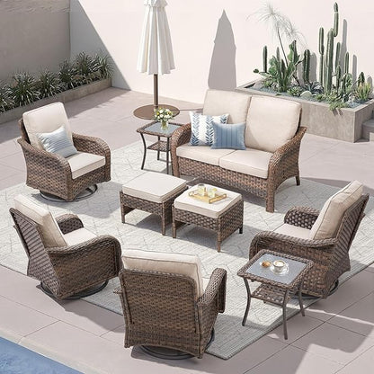 Outdoor Patio Furniture Set, 9 Pieces Outdoor Wicker Sofa with Swivel Patio Chairs, Glass Side Table, Ottomans, All Weather High Back Rattan Loveseat Couch with Comfy Cushions, Brown/Beige