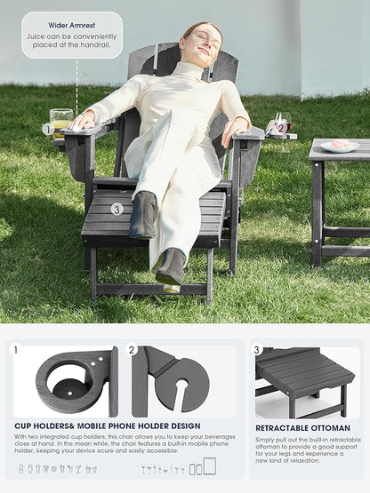 KINGYES Folding Adjustable Adirondack Chair with Retractable Ottoman Set of 2, HDPE All Weather Chair with Cup Holder, Wood-Like Reclining Adirondack Outdoor Chair - Versatile Adirondack Chair, Grey