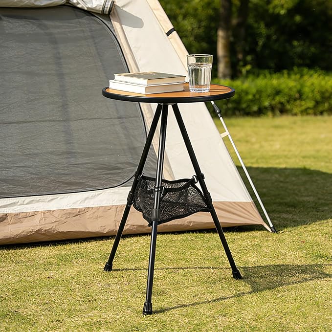 Small Folding Table Round Portable Patio Table Tool-Free Assembly Height Adjustable Side Table Easy to Carry and Move (Brown)