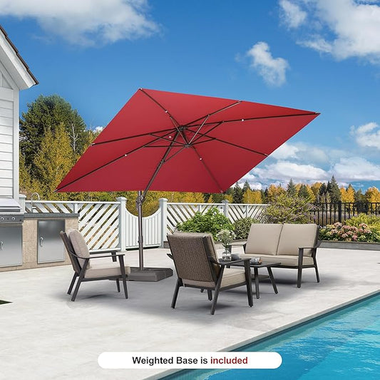 PURPLE LEAF 9' X 11.5' Rectangle Cantilever Umbrella with Base Patio Umbrella Outdoor Aluminum Offset Hanging Umbrella with 360-degree Rotation for Pool Garden Backyard Deck, Terra
