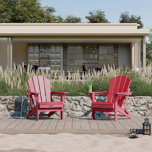 Ciokea Folding Adirondack Chair Wood Texture, Patio Adirondack Chair Weather Resistant, Plastic Fire Pit Chair with Cup Holder, Lawn Chair for Outdoor Porch Garden Backyard Deck (Red)