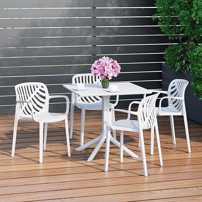 Costaelm 5 Piece Patio Furniture Set, HDPE Patio Square Bistro Table and Stackable Chairs Sets for 4, Outdoor Furniture All Weather for Backyard Poolside, White