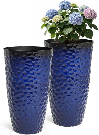 23.75" H Large Tall Outdoor Planters, Set of 2 Plastic Large Flower Pots for Outdoor Plants, Gradient Cobalt Blue Honeycomb Textured, Weather-Resistant for Porch, Garden, Patio or Indoor Use