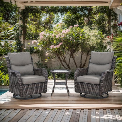 Patio Swivel Chairs with Smile-Shaped Cushions, 3 Piece High Back Patio Swivel Glider Chairs with Side Table 3PCS PE Rattan Luxury Swivel Patio Chairs Set Brown Wicker | Grey Cushions
