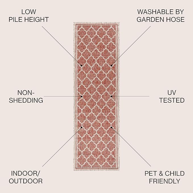 JONATHAN Y Moroccan Trellis Indoor Outdoor Runner Rug 2X14 Red/Beige, Trebol Textured Weave for Backyard, Patio, Porch, Easy-Cleaning, High Traffic, Pet-Friendly, Non-Shedding (SMB109C-214)