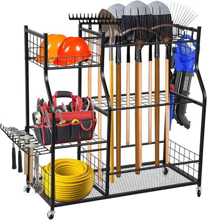 Garden Tool Organizer Rolling Cart Large Capacity Rust-Resistant Metal Tool Cart with Wheels Hooks Garage Shed Yard Outdoor Storage Rack Suitable for Long-Handled Tools/Rakes/Shovels
