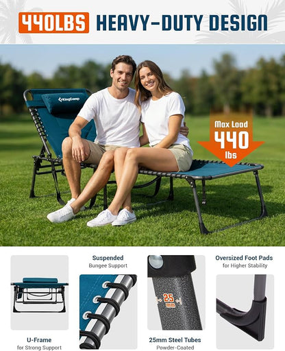 KingCamp Oversized Tanning Chair, Extra-Wide Padded Folding Chase Lounge Chairs Portable Adjustable 5-Position 440lbs Heavy Duty Lounger with Double-Layer Oxford for Outdoor Beach Patio Sun Pool Blue