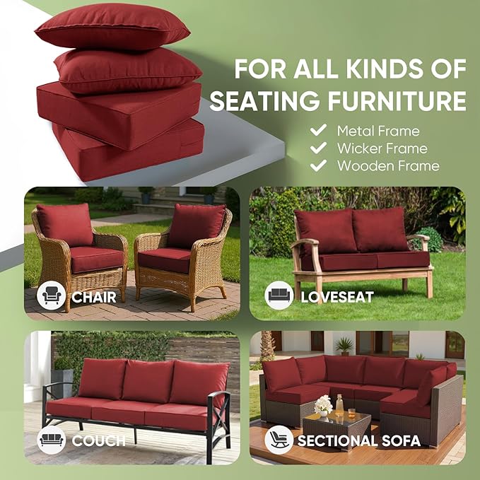 Outdoor Chair Cushions Set of 2, Waterproof 24x24 Patio Chair Cushion, 6" Thickened Seat Cushion for Outdoor Furniture, Couch Cushion Replacement, Include 2 Back & 2 Seat Cushions, Thick/Red