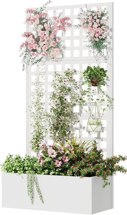 Metal Planter Box with Trellis, 71"x 35"x 16" Raised Garden Bed with Trellis, Planter Box Trellis with Privacy Screen and Drainage Holes, White