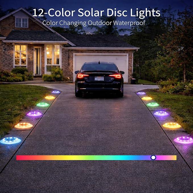 SHONELIGHTING Solar Driveway Lights, 48 LEDs 12-Color Changing Flat Dock Ground Lights, Waterproof Low Profile for Driveway, Walkway, Deck, Patio, Pathway, Poolside (RGB-W, 2 Pack)