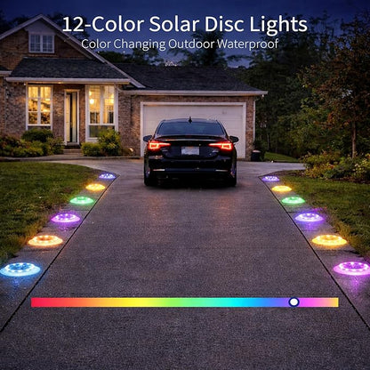 SHONELIGHTING Solar Driveway Lights, 48 LEDs 12-Color Changing Flat Dock Ground Lights, Waterproof Low Profile for Driveway, Walkway, Deck, Patio, Pathway, Poolside (RGB-W, 2 Pack)