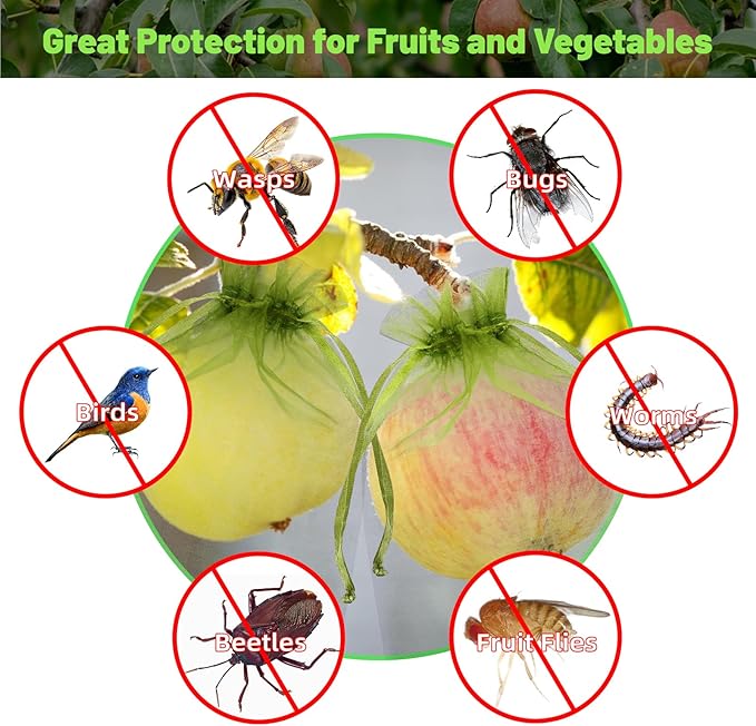 50Pcs Fruit Protection Bags, Garden Plant Fruit Netting Cover Bags, Drawstring Mesh Fruit Protectors Barrier for Apples, Tomatoes, Fruit Trees, Veggies Garden(6x9 Inch)
