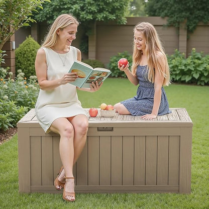 Flamaker Resin Deck Box 120 Gallon Waterproof Large Outdoor Indoor Storage Box Imitation Wood Resin for Patio Furniture Garden Tools and Pool (Brown)