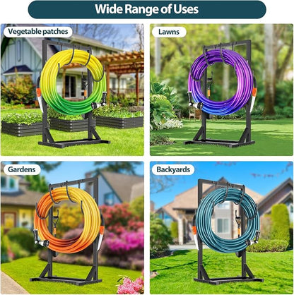 Garden Hose Holder Stand, BOLITE Heavy Duty Metal Hose Hanger, Holds 150ft | Freestanding & Detachable Water Hose Holder for Outside, 4 Spikes & 2 Tool Hooks, Storage Rack for Outside Yard Lawn Farm