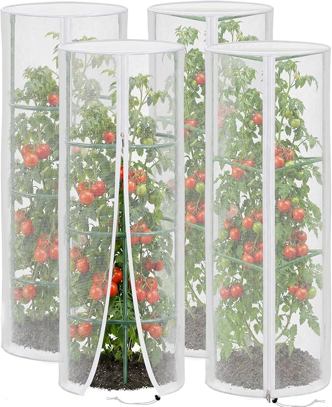 4 Pcs Garden Mesh Plant Cover for Round Tomato Cage, 57" x 15.7" Insect Bird Netting Protection Net Covers with Zipper & Drawstring, Garden Tomato Trellis Netting for Climbing Plants