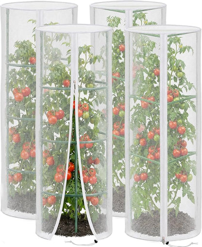 4 Pcs Garden Mesh Plant Cover for Round Tomato Cage, 57" x 15.7" Insect Bird Netting Protection Net Covers with Zipper & Drawstring, Garden Tomato Trellis Netting for Climbing Plants