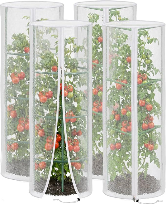 4 Pcs Garden Mesh Plant Cover for Round Tomato Cage, 57" x 15.7" Insect Bird Netting Protection Net Covers with Zipper & Drawstring, Garden Tomato Trellis Netting for Climbing Plants