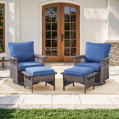 Patio Furniture Set 2 Wicker Swivel Glider Chairs with 2 PE Rattan Ottomans Brown Wicker Blue Cushions Patio Conversation Set 4pcs for Garden Balcony Sunroom Backyard