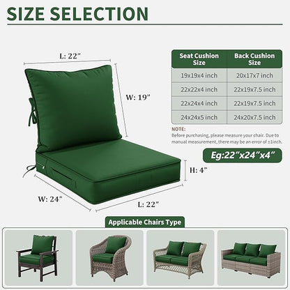 Premium Outdoor Seat Cushion Chair Cushions for Patio Furniture 22 L X 24 W X 4 H Waterproof & Fade Resistant Deep Seat and Backrest Cushion Set with Removable Covers for Chair, Sofa