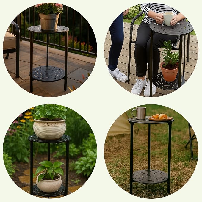 2 Packs Two-tier Metal Round Side Table Black Accent Coffee Tables Small Space Corner Plant Stand Shelf for Indoor Outdoor Use Patio Balcony End Table Laser-Cut Floral Pattern Weather-Resistant