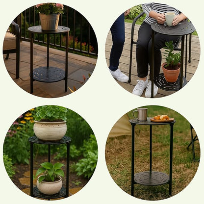 2 Packs Two-tier Metal Round Side Table Black Accent Coffee Tables Small Space Corner Plant Stand Shelf for Indoor Outdoor Use Patio Balcony End Table Laser-Cut Floral Pattern Weather-Resistant
