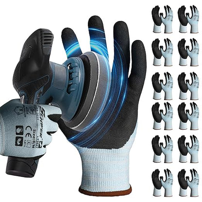Schwer 12 Pairs Safety Work Gloves with Sandy Nitrile Coating, Extreme Fiber-Abrasion Resistance(Level 6-Certified) Heavy Duty Working Glove with Grip for Men Women, A2 Cut Glove, for Construction, L