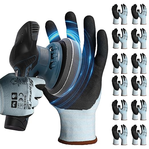 Schwer 12 Pairs Safety Work Gloves with Sandy Nitrile Coating, Extreme Fiber-Abrasion Resistance(Level 6-Certified) Heavy Duty Working Glove with Grip for Men Women, A2 Cut Glove, for Construction, XL