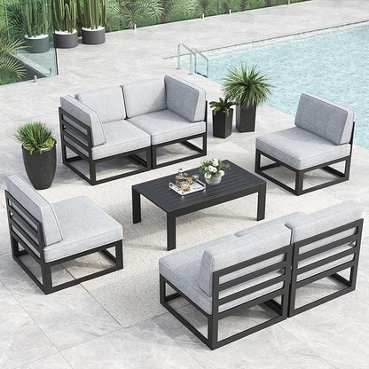 LayinSun Large Aluminum Patio Furniture Set, 7 Pieces Modern Outdoor Conversation Set Sectional Metal Sofa Set with Olefin Cushion