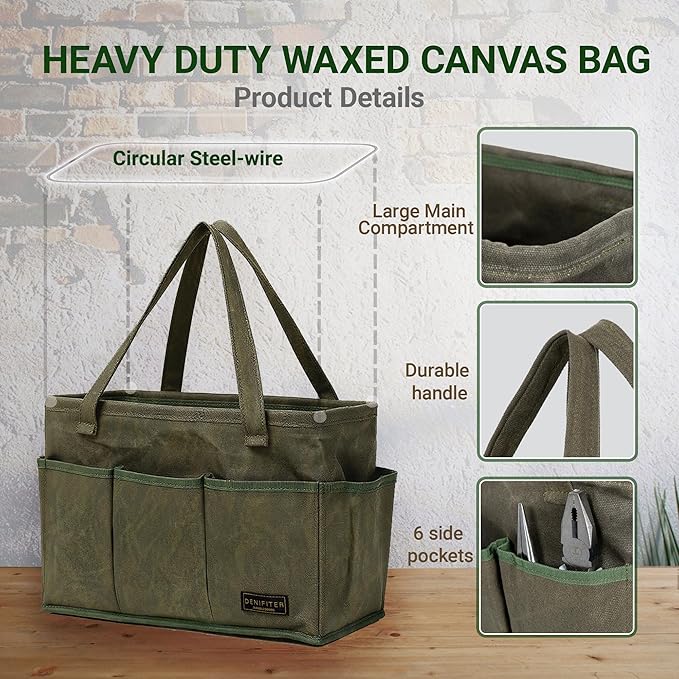 Tool Bag with Metal Frame, Waxed Canvas Wide Open Top Tool Tote Bag with 9 External Pockets, 15.5 x 7.5 x 10.5 Inches (ArmyGreen)