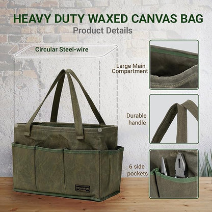 Tool Bag with Metal Frame, Waxed Canvas Wide Open Top Tool Tote Bag with 9 External Pockets, 15.5 x 7.5 x 10.5 Inches (ArmyGreen)