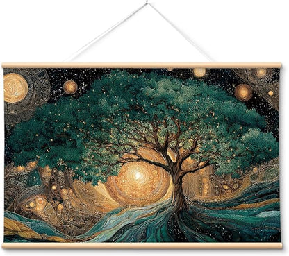 VIYYIEA Extra Large Canvas Wall Art, Tree of Life Abstract Wall Hanging with Wooden Scroll Frame, Spiritual Nature Decor for Living Room Bedroom Meditation Space, 36x54 Inch