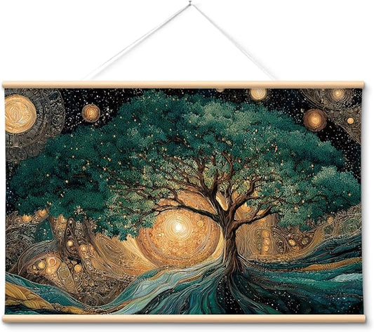 VIYYIEA Extra Large Canvas Wall Art, Tree of Life Abstract Wall Hanging with Wooden Scroll Frame, Spiritual Nature Decor for Living Room Bedroom Meditation Space, 36x54 Inch