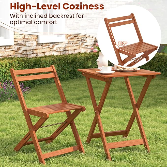 HAPPYGRILL 3 Piece Outdoor Wood Bistro Set, Solid Wood Furniture Set w/ 2 Folding Chairs & Dining Table, Slatted Seat & Tabletop, Patio Dining Set for Backyard, Poolside