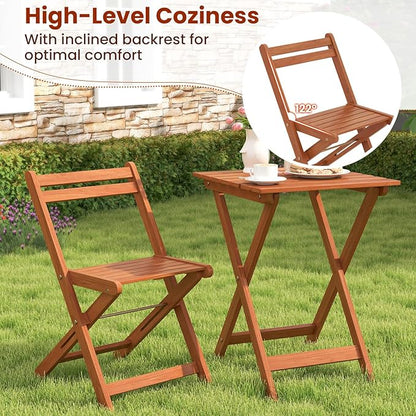 HAPPYGRILL 3 Piece Outdoor Wood Bistro Set, Solid Wood Furniture Set w/ 2 Folding Chairs & Dining Table, Slatted Seat & Tabletop, Patio Dining Set for Backyard, Poolside