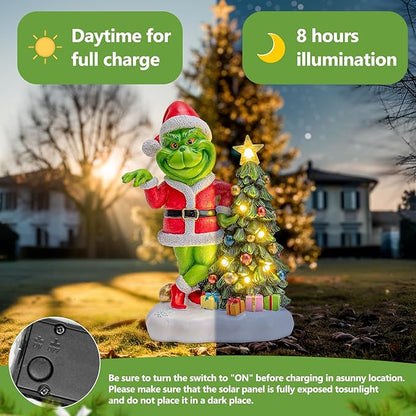 Green Monster Solar Garden Statue with Christmas Tree and 6 LED Lights - Outdoor Figurine - Glossy Resin - Waterproof - Spot Clean - Christmas Decor